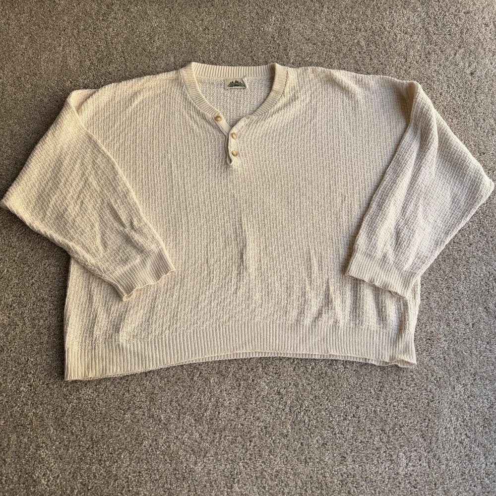 Vintage Timber Trail Sweater Mens 2XL Beige Thermal Waffle Knit Henley Pullover